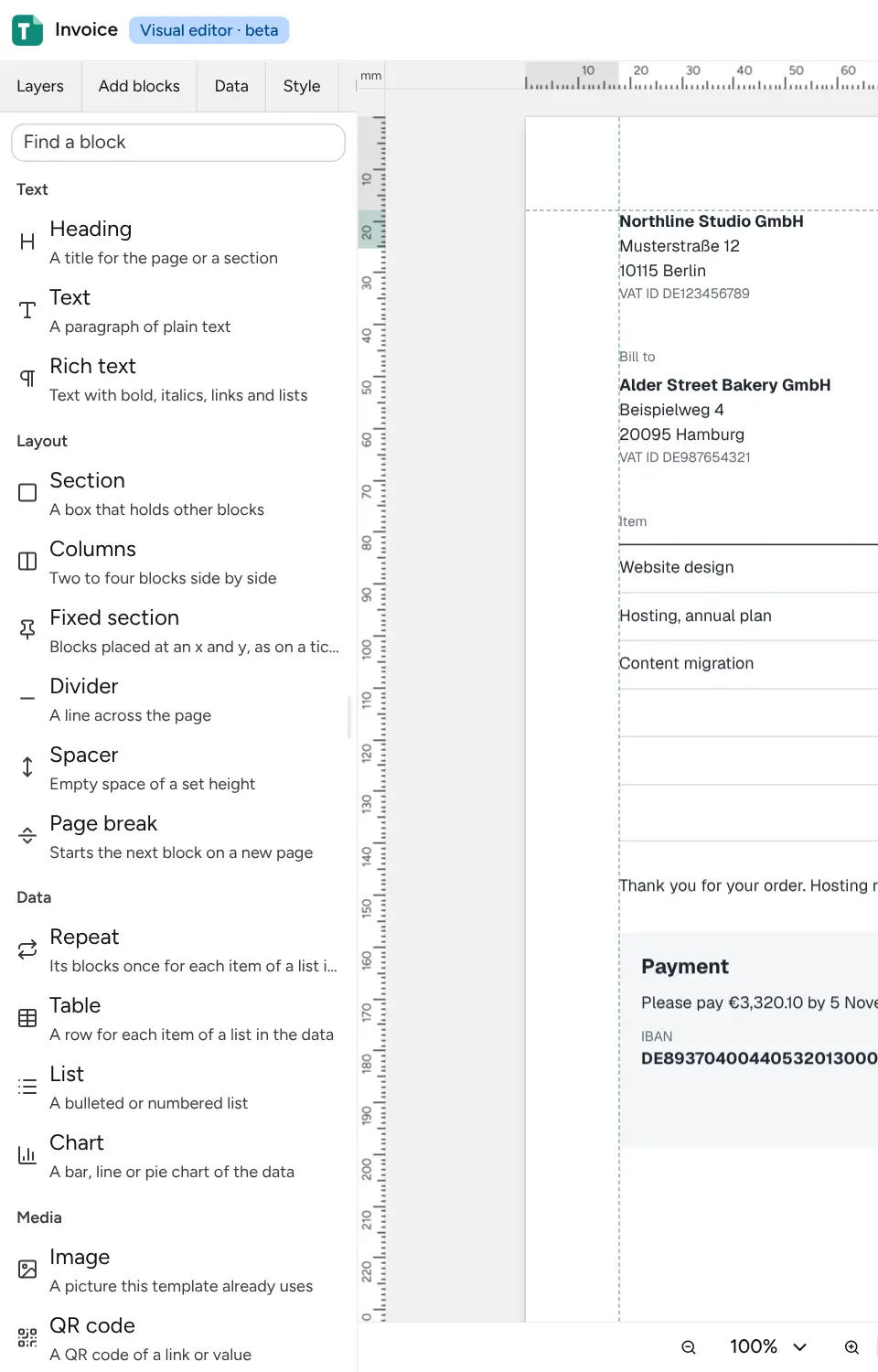 The Add blocks tab with the Text, Layout, Data and Media groups