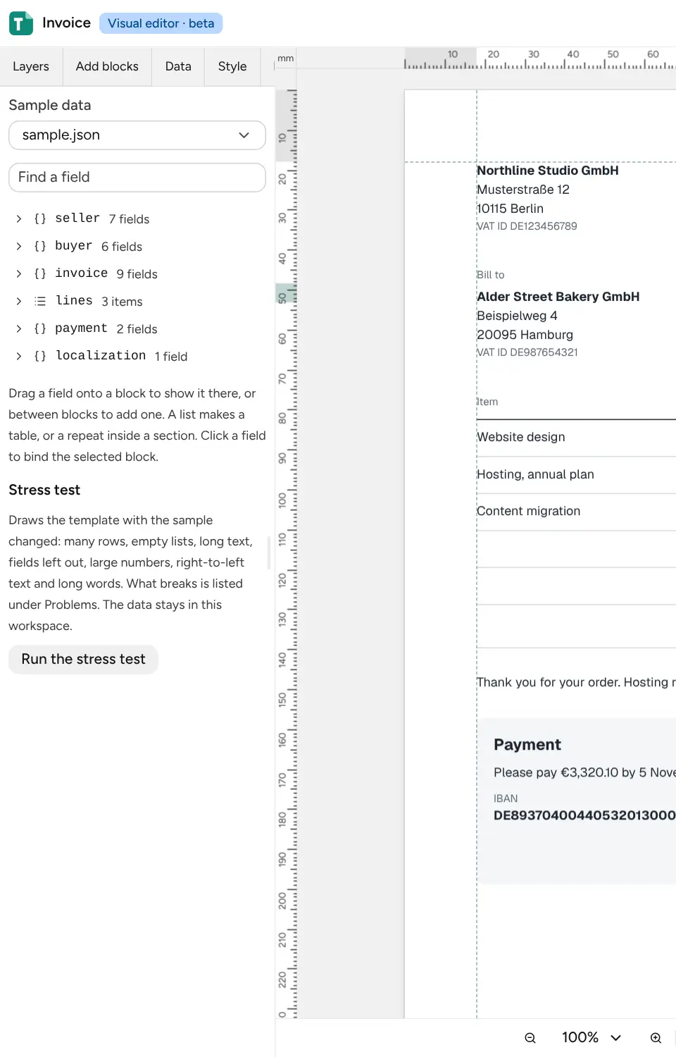 The Data tab with the sample’s fields, and the stress test below them