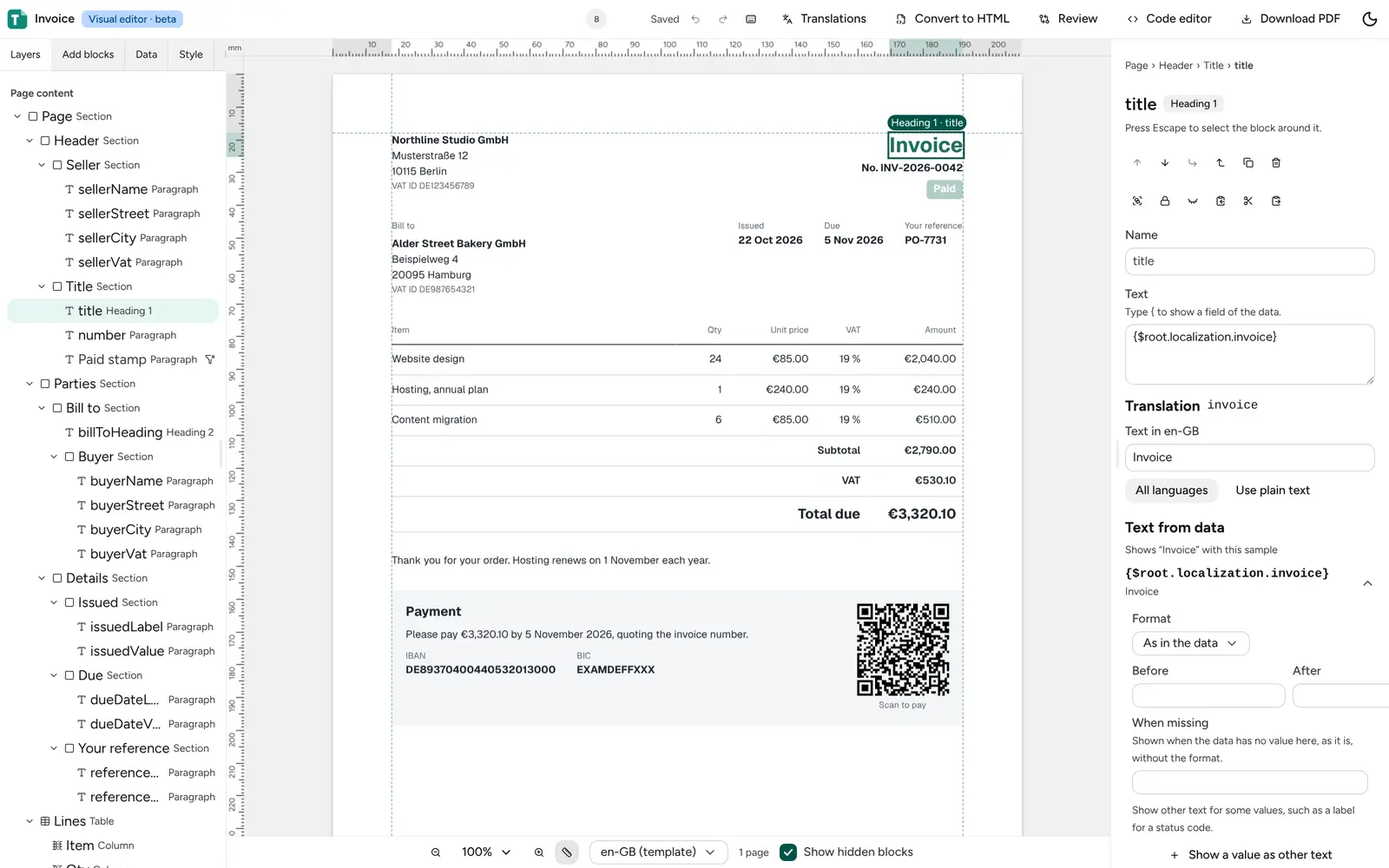 The visual editor with an invoice open: layers on the left, the page in the middle and the selected heading’s settings on the right