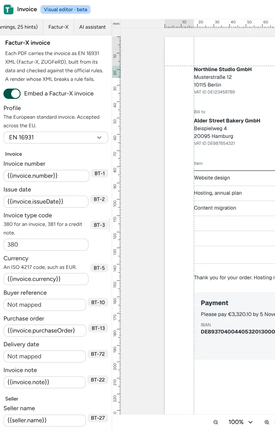 The Factur-X tab with the invoice fields mapped to the data