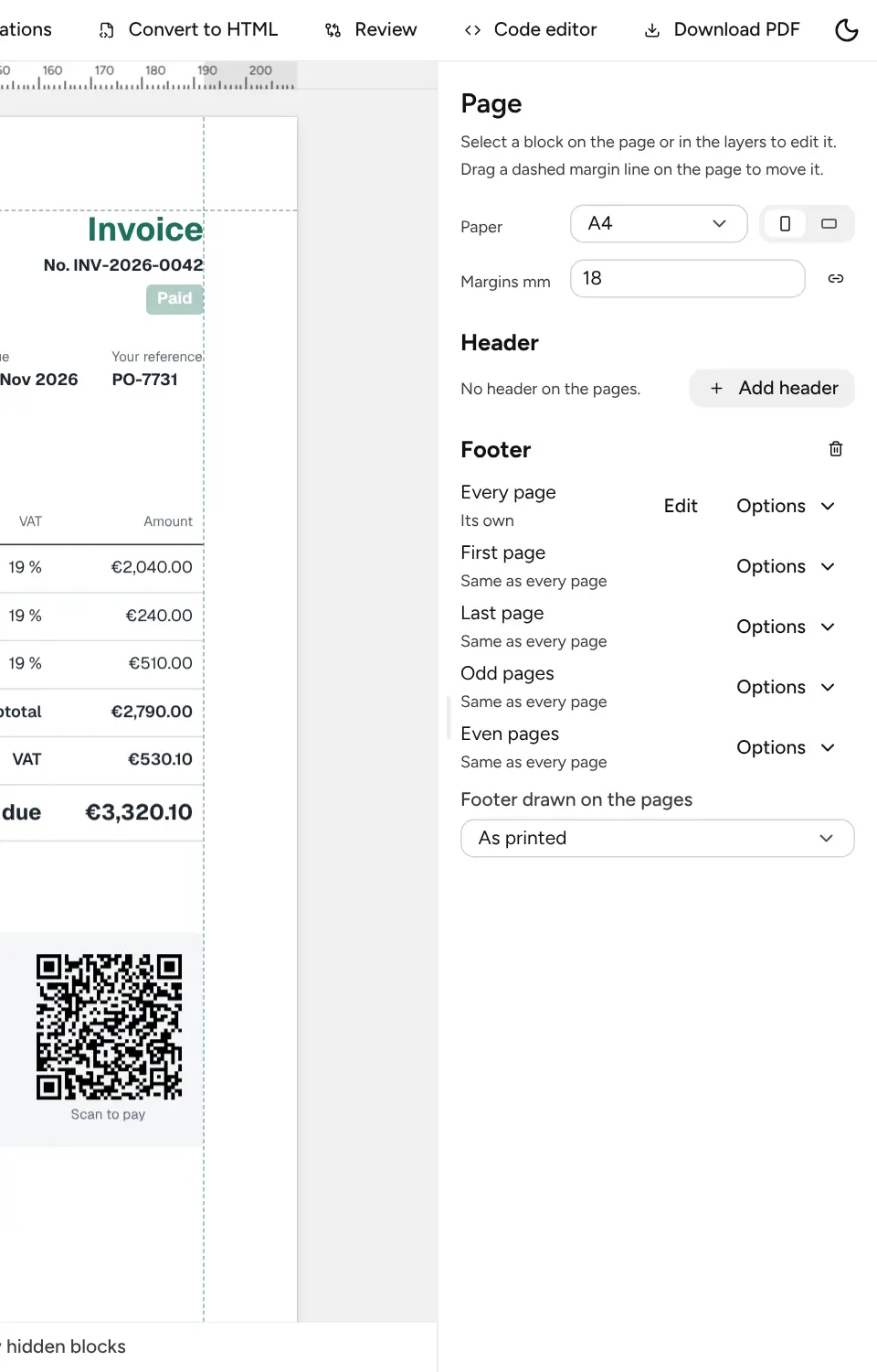 The page settings: paper, margins, and the footer with its page variants