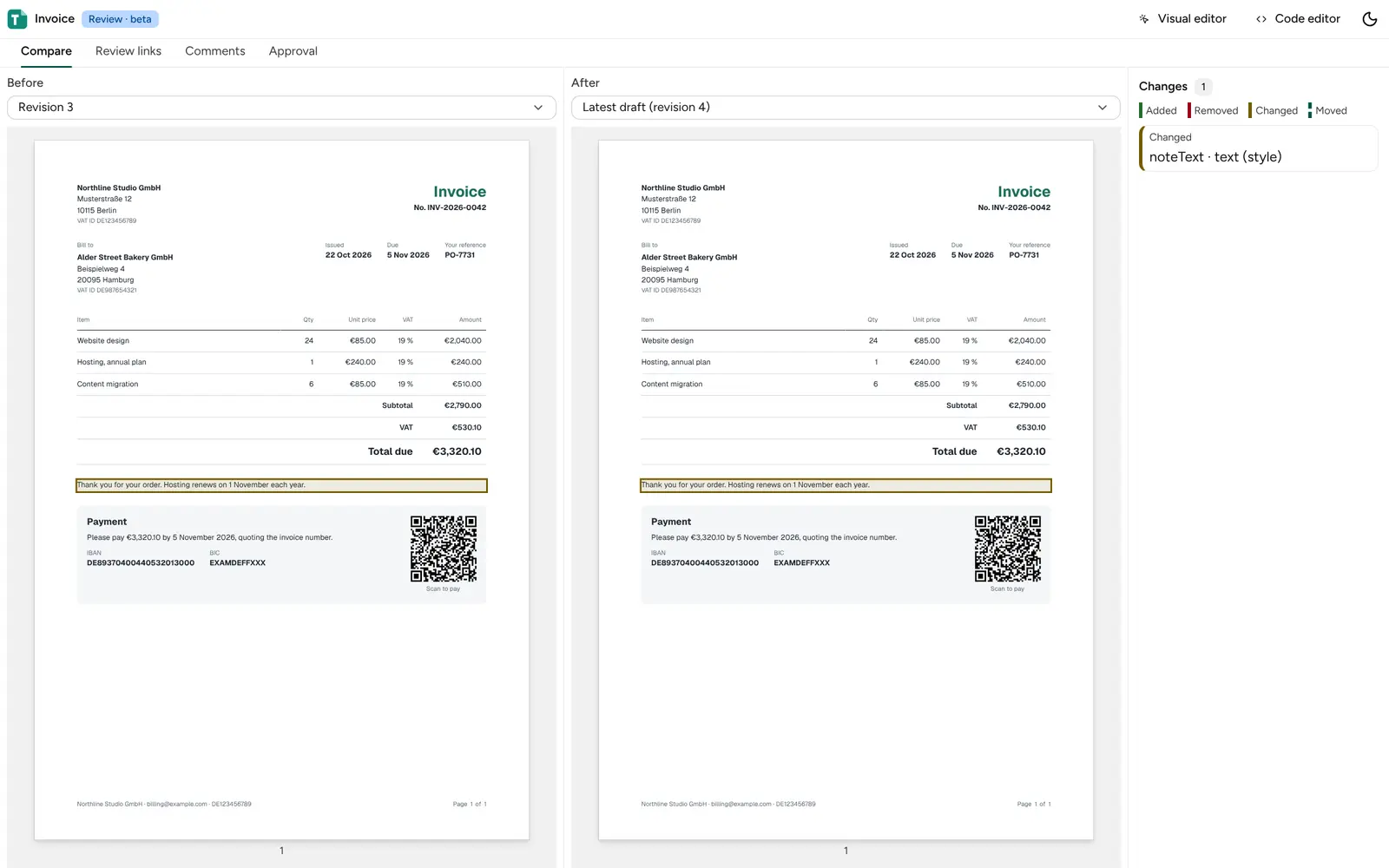 Compare, with a changed block outlined on both pages and listed beside them