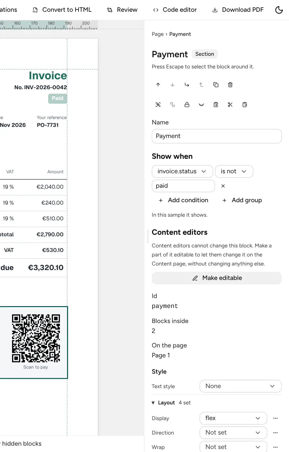 Show when on the payment section: invoice.status is not paid