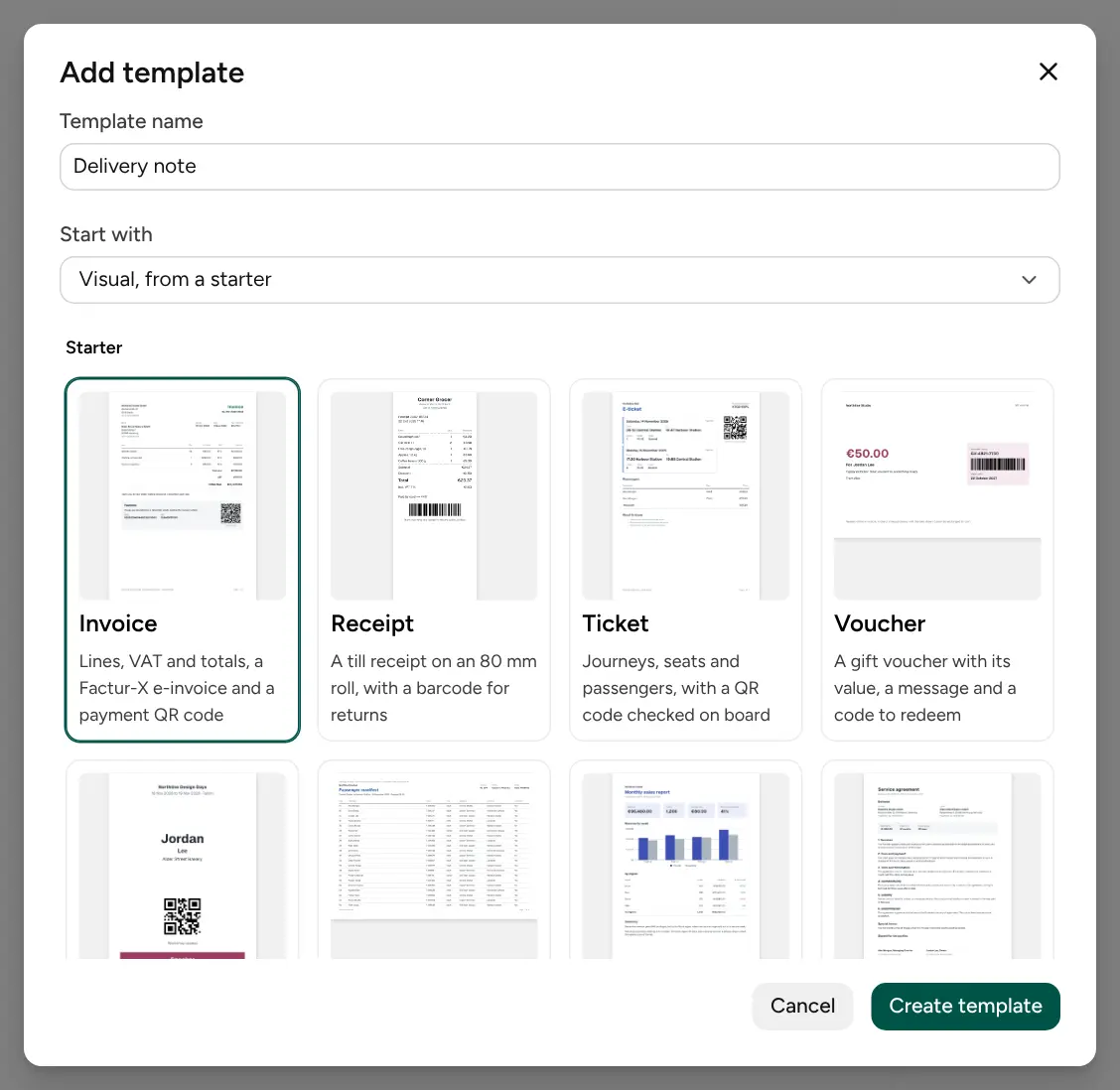 Add template with Ready-made starter chosen and the starter gallery below it