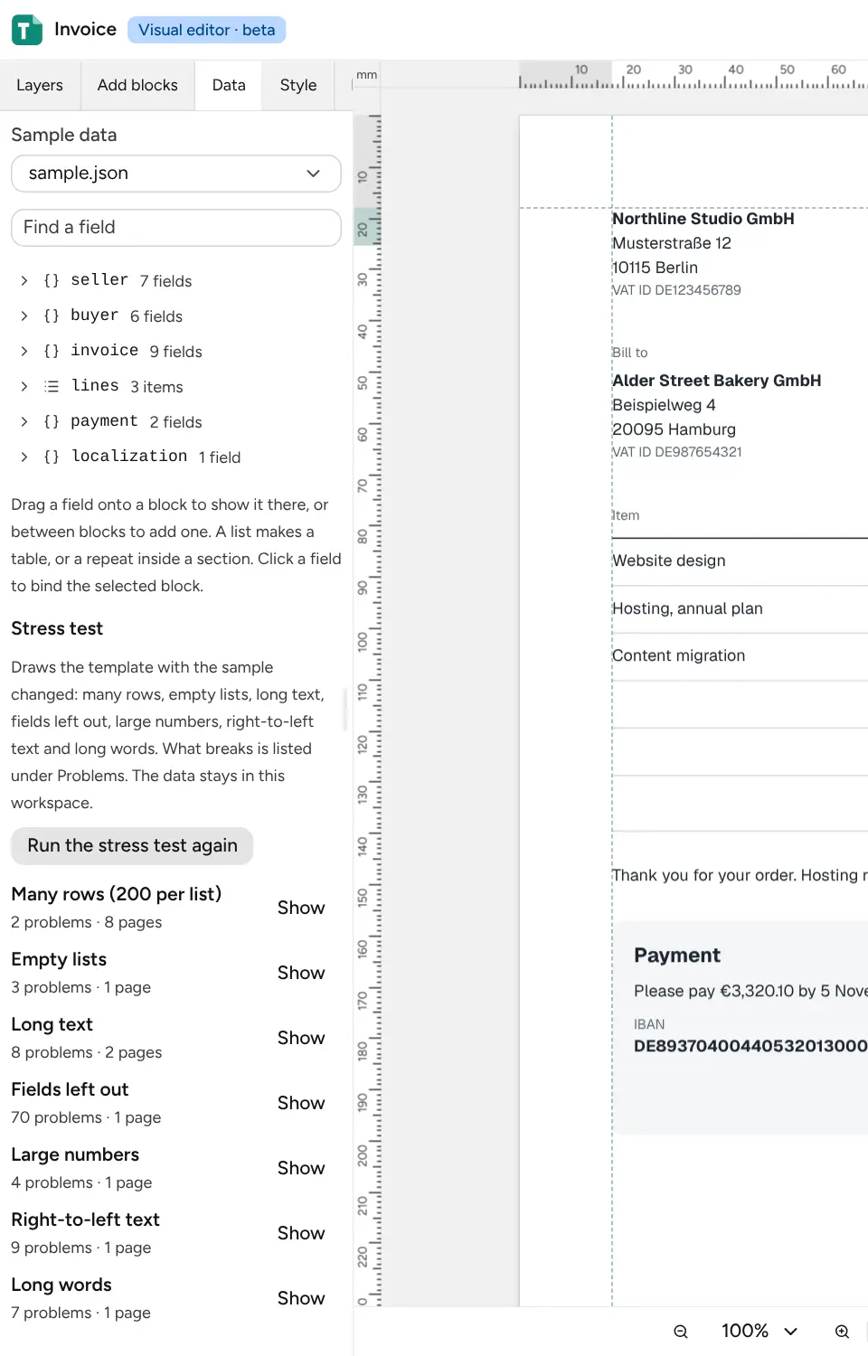 The stress test results: problems and pages for each case