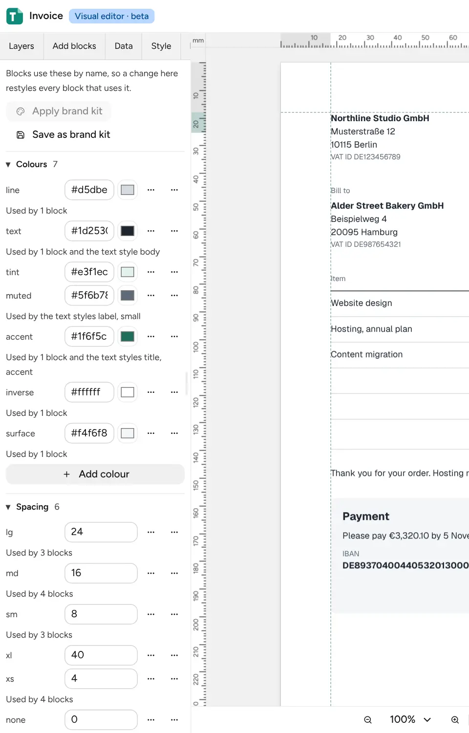 The Style tab with the template’s colours and spacing steps