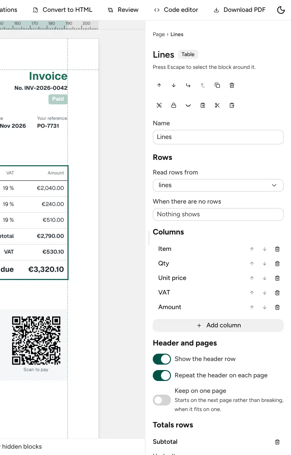 Table setup with the rows, columns, header and totals settings