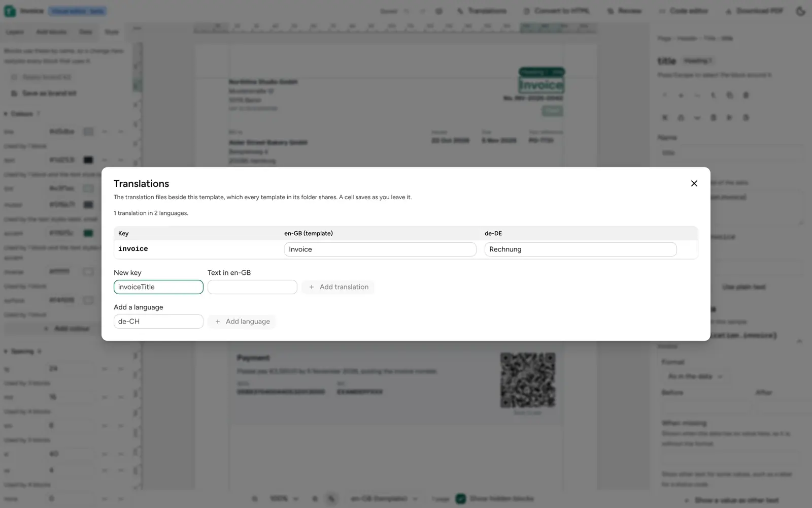 The Translations dialog with the invoice key in en-GB and de-DE
